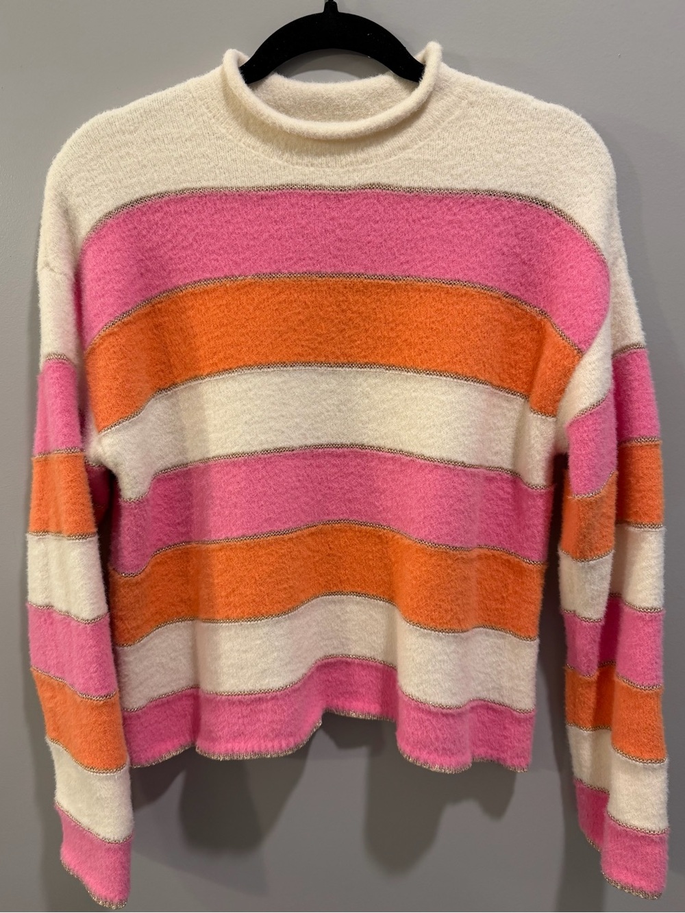 THML Pink, Orange & Cream Striped Mock Neck Shimmery Detail Sweater Size S